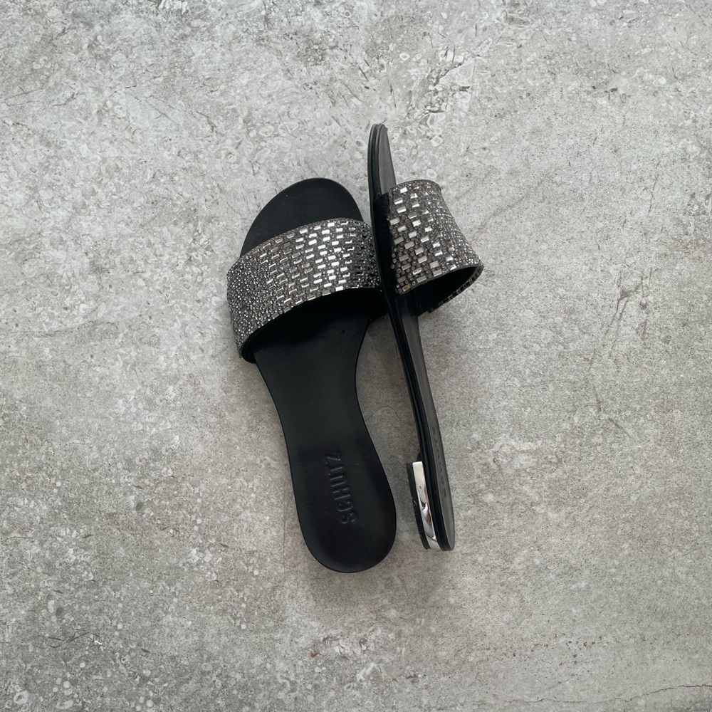 New without box Schutz Size 7 sparkly beaded slides, leather sole and upper